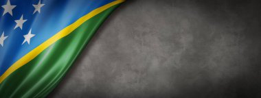 Solomon Adaları bayrağı beton duvarda. Yatay panoramik pankart. 3B illüstrasyon