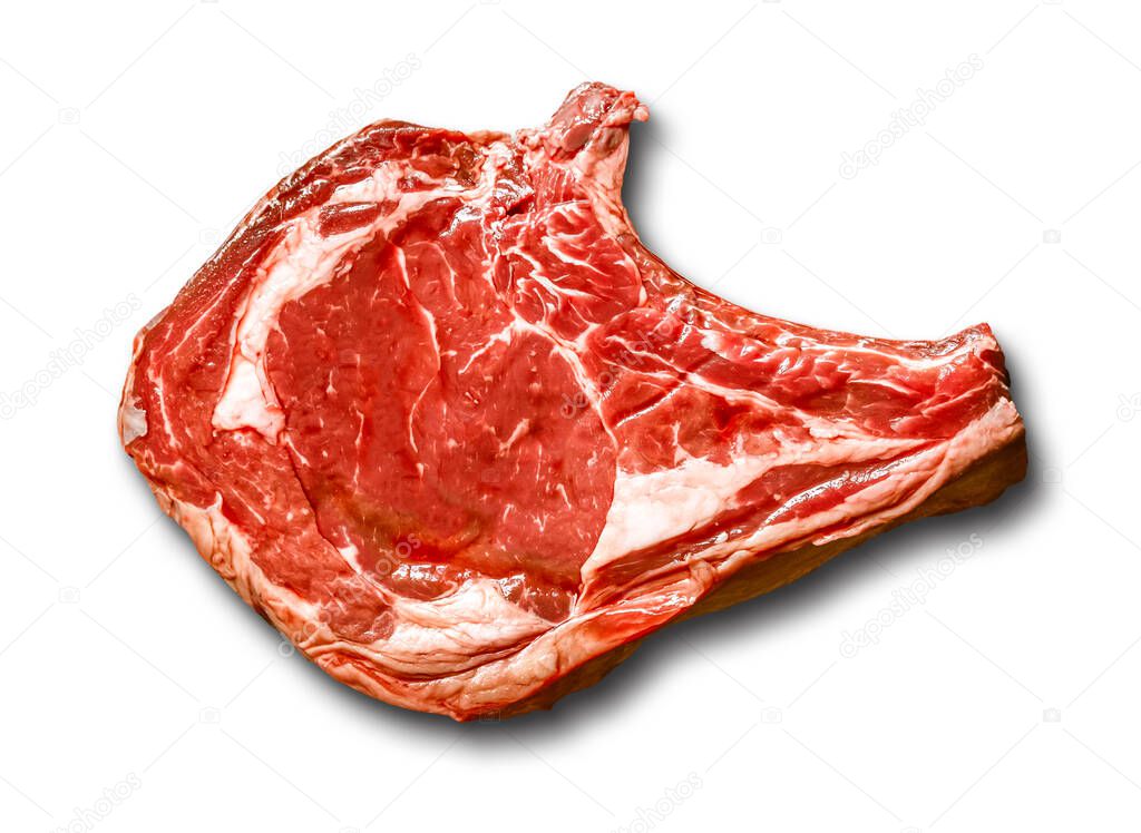 Raw beef prime rib isolated on white background. Top view