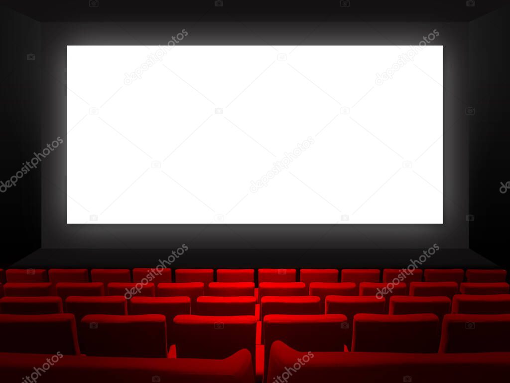 Cinema movie theatre with red velvet seats and a blank white screen. Copy space background