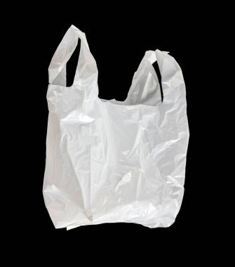 Siyah arka planda beyaz plastik torba var.