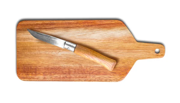 木製のまな板と白い背景に隔離されたポケットナイフ — ストック写真