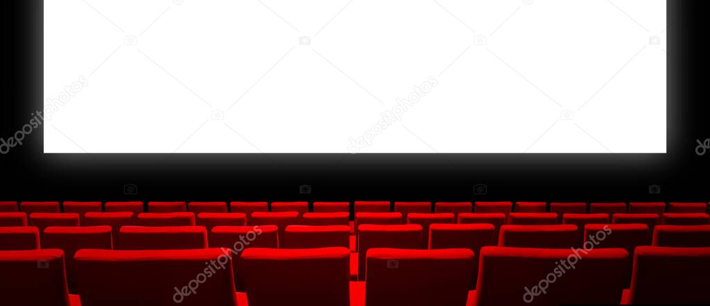 Cinema movie theatre with red velvet seats and a blank white screen. Copy space background. Horizontal banner
