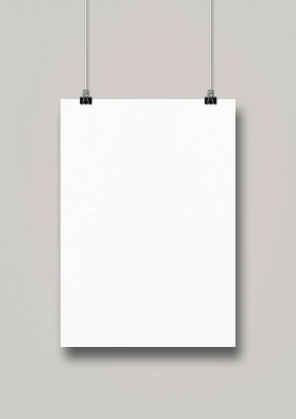 White Poster Hanging Clean Wall Clips Blank Mockup Template — Stock Photo, Image