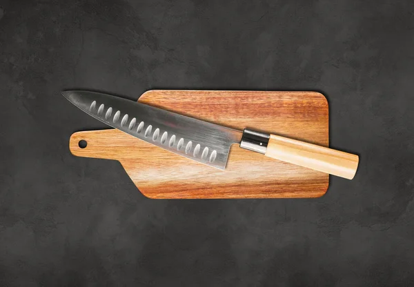 Couteau Traditionnel Japonais Gyuto Sur Une Planche Découper Contexte Concret — Photo