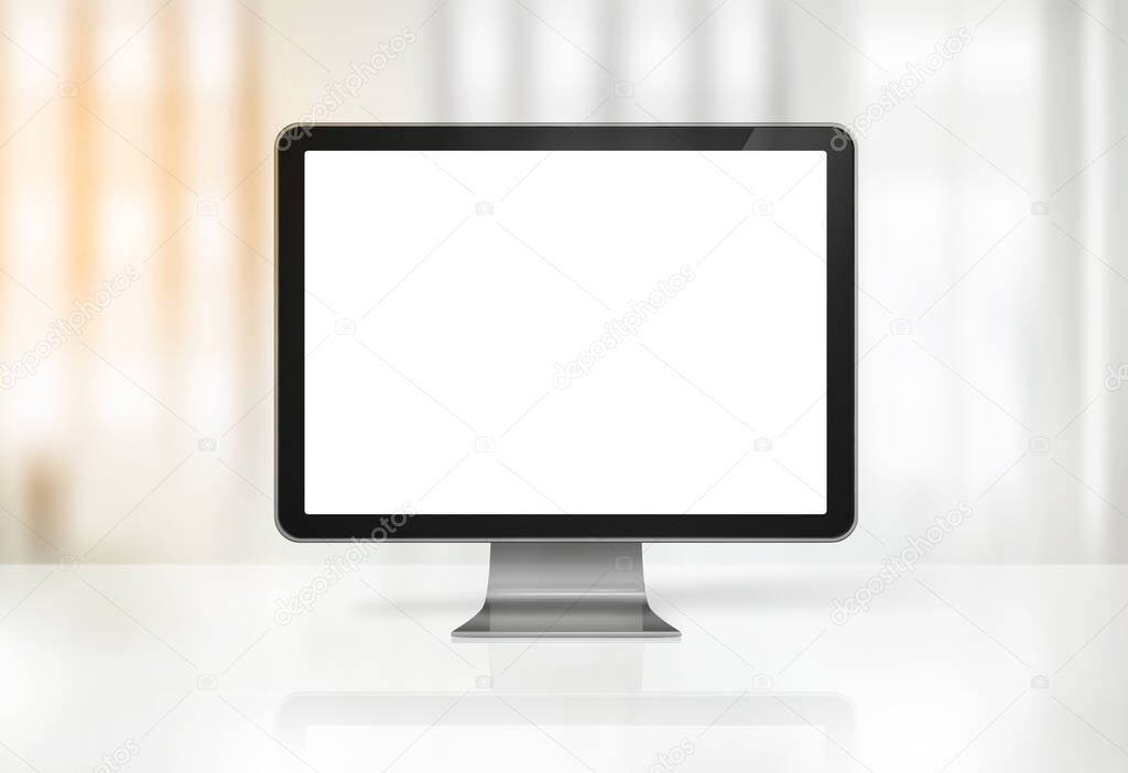 3D computer screen on office desk interior background