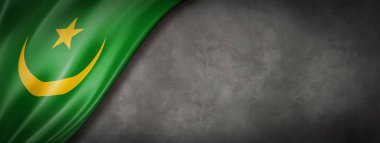 Moritanya bayrağı beton duvarda. Yatay panoramik pankart. 3B illüstrasyon