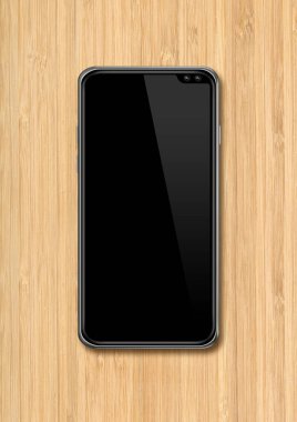 Ahşap masa arkasında modern boş akıllı telefon modeli. 3 Boyutlu Hazırlama