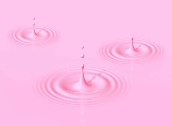 Pink drops of strawberry milk splashing and making ripple. 3D illustration