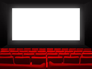 Kırmızı kadife koltuklu ve beyaz ekranlı bir sinema salonu. Boşluk arkaplanı kopyala