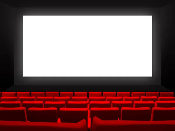 Cinema Cinema Con Sedili Velluto Rosso Uno Schermo Bianco Vuoto — Foto Stock