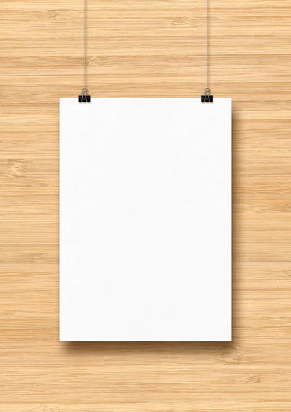 White Poster Hanging Wooden Wall Clips Blank Mockup Template — Stock Photo, Image