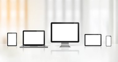 3 boyutlu bilgisayar, dizüstü bilgisayar, cep telefonu ve dijital tablet bilgisayar ofis geçmişi. Görüntü