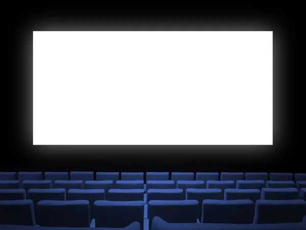Cinema Movie Theatre Blue Velvet Seats Blank White Screen Copy — Stock Photo, Image