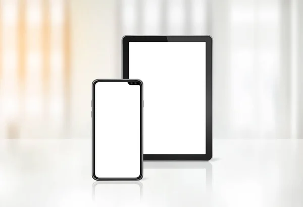 Celular Tablet Digital Mesa Escritório Fundo Interior Ilustração — Fotografia de Stock
