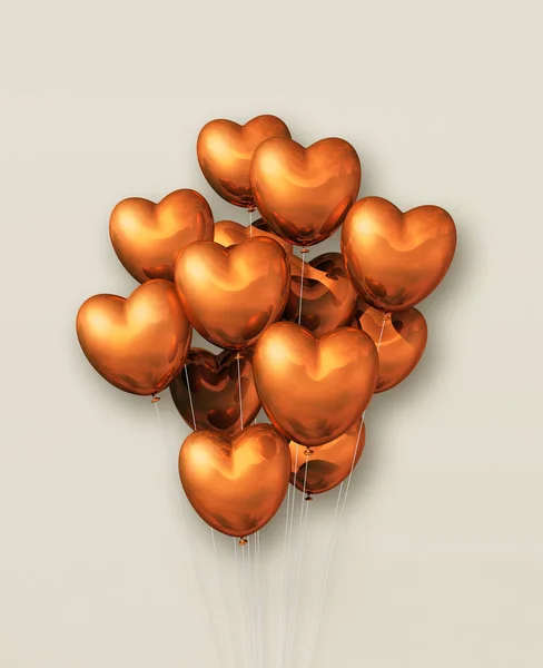 铜心形气球群在米色背景上 3D插图渲染 — 图库照片