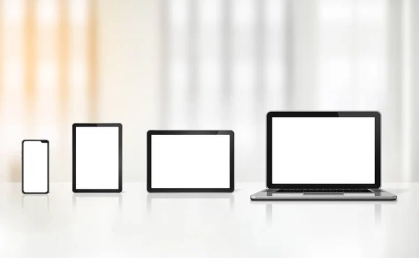 Laptop Telefone Celular Tablet Digital Mesa Escritório Fundo Interior Ilustração — Fotografia de Stock