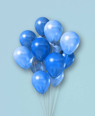 Cyan hava balonları grubu açık mavi bir arka planda izole edildi. 3B illüstrasyon oluşturucu