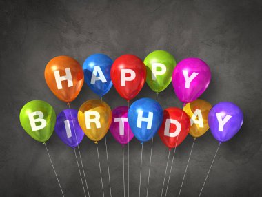 Beton bir arka planda renkli doğum günü balonları. 3B illüstrasyon oluşturucu
