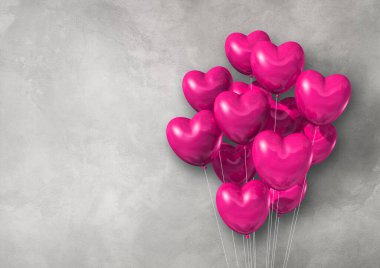 Beton duvar pankartıyla pembe kalp şeklinde hava balonları grubu. 3B illüstrasyon oluşturucu