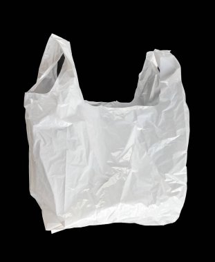 Siyah arka planda beyaz plastik torba var.