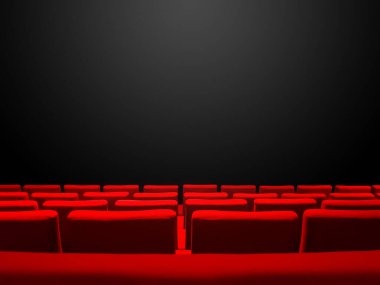 Kırmızı koltuklu sinema salonu ve siyah fotokopi alanı arka planı