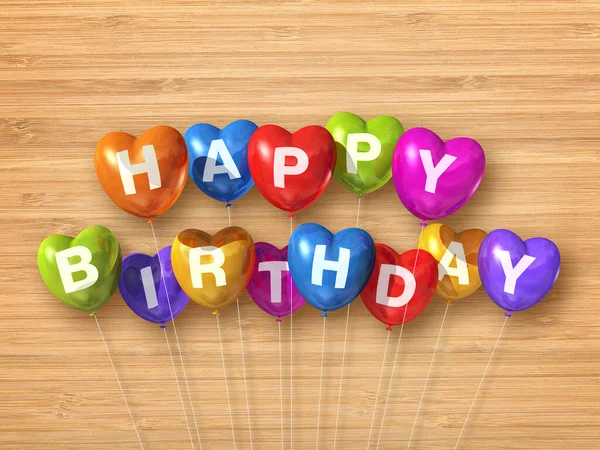 Kolorowe Szczęśliwe Urodziny Serca Kształt Balonów Powietrza Drewnianym Tle Ilustracja — Zdjęcie stockowe