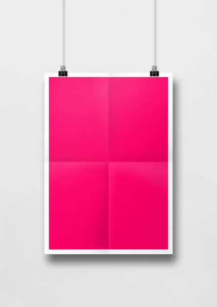 Cartel Plegado Rosa Colgado Una Pared Blanca Con Clips Plantilla — Foto de Stock