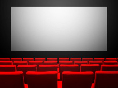 Kırmızı kadife koltuklu ve beyaz ekranlı bir sinema salonu. Boşluk arkaplanı kopyala
