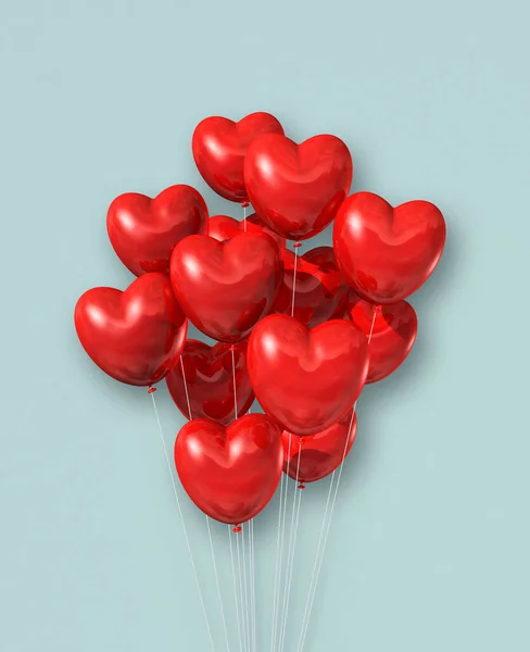 Les Ballons Air Forme Coeur Rouge Groupent Sur Fond Bleu — Photo