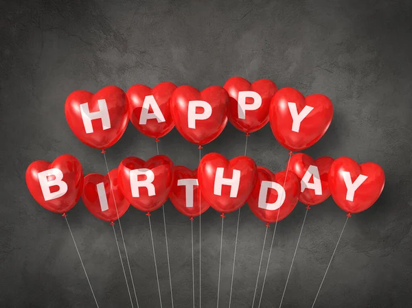 红色快乐的生日心形气球在混凝土的背景上 3D插图渲染 — 图库照片