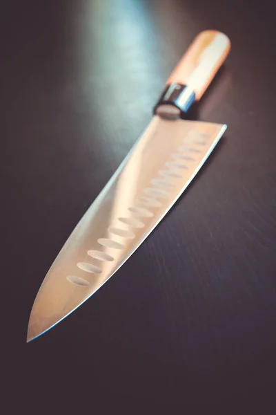 Couteau Traditionnel Japonais Gyuto Chef Sur Table Noire — Photo