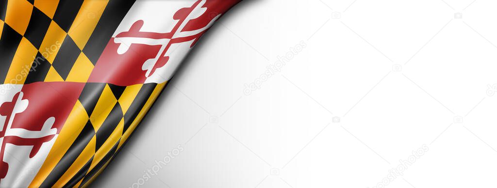 Maryland flag on white wall banner, USA. 3D illustration