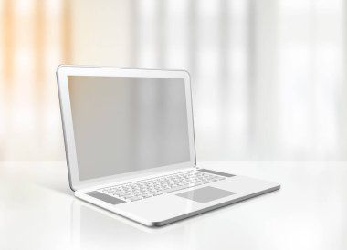 Ofis masasının arka planında 3 boyutlu boş dizüstü bilgisayar izole edildi. Görüntü