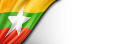 Burma Myanmar bayrağı beyazın üzerinde izole edilmiş. Yatay panoramik pankart.