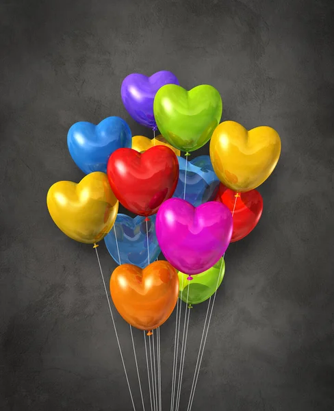 Färgglada Hjärta Form Luft Ballonger Grupp Mörk Betong Bakgrund Illustration — Stockfoto