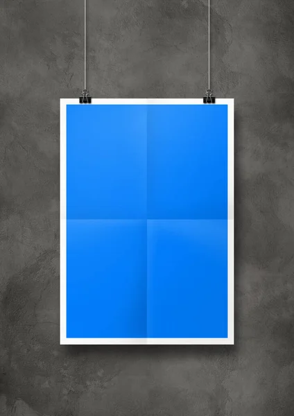 Cartel Plegado Azul Colgado Una Pared Hormigón Con Clips Plantilla —  Fotos de Stock