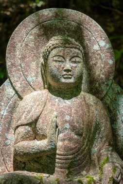 Hiroşima 'daki Mitaki-Dera tapınağındaki yemyeşil çimenlikte oturan Amida Buddha' nın heykeli huzur ve ruhsal huzur yayıyor.