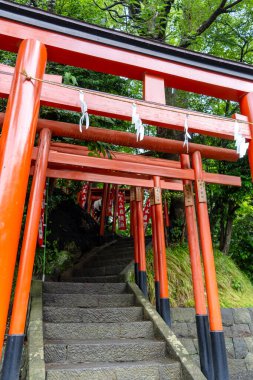 Japonya 'nın Kamakura kentindeki Tsurugaoka Hachiman-gu türbesi içine yerleştirilmiş Maruyama Inari Tapınağı' na giden yol parlak kırmızı torii kapıları ve sancaklarla çevrilidir.