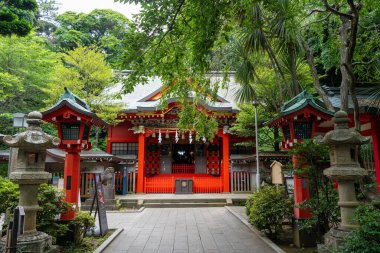 Enoshima-Shrine Nakatsunomiya 'nın parlak kırmızı ana salonu Japonya' nın Enoshima Adası 'ndaki ağaçlar, geleneksel fenerler ve koruyucu heykellerle çevrilidir.