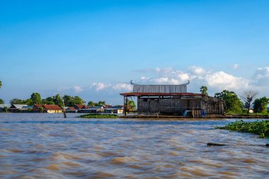 Parlak boyalı Bugis balıkçılarının evleri, Endonezya 'nın Sulawesi kentindeki geleneksel mimari ve günlük yaşamı yansıtan Tempe Gölü' nde huzur içinde yüzüyor.