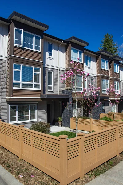 Yeni apartman güneşli ilkbaharda çiçek açan ağaçlar British Columbia, Kanada ile.