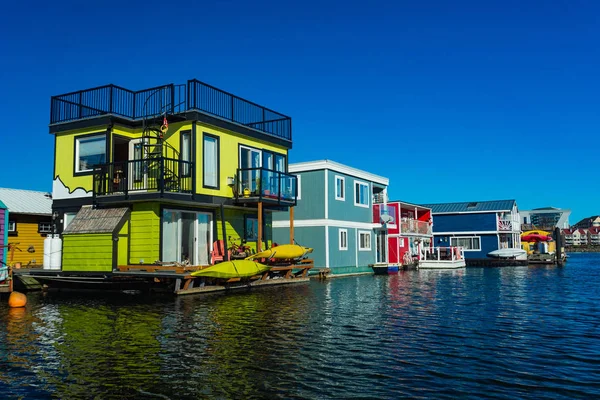 Floating Home Village Colorful Houseboats Water Taxi Fisherman Wharf Reflection — стоковое фото