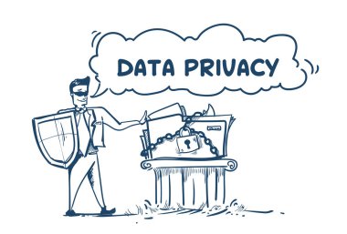 iş takım elbise kalkan güvenlik veri gizliliği ayağı üzerinde genel veri koruma yönetmeliği Gdpr kavramı el çizimi adam