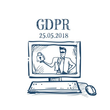 El çizimi bilgisayar monitörü ve güvenlik görevlisi erkekte iş takım elbise kalkan güvenlik ve koruma genel veri koruma yönetmeliği Gdpr kavramı