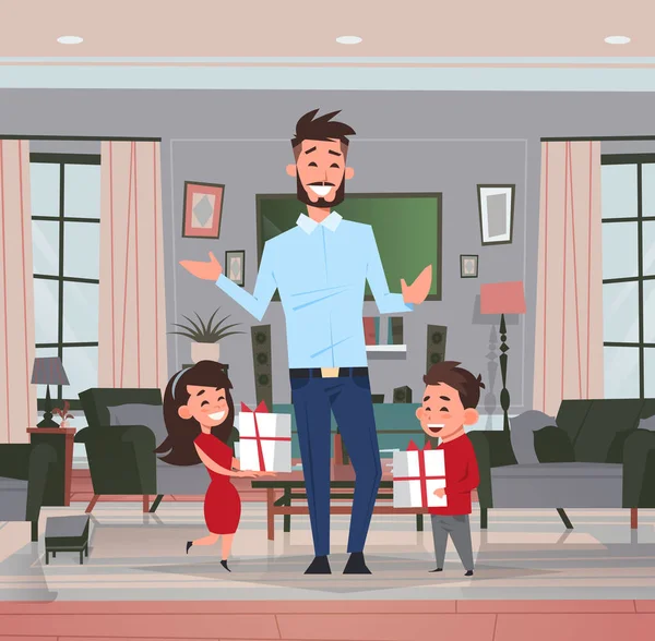 Feliz día del padre vacaciones familiares hija e hijo regalos regalo para papá en la sala de estar tarjeta de felicitación plana — Vector de stock