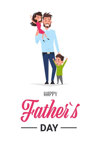 Glücklicher Vatertag Familienurlaub, Mann Vater hält Tochter und Sohn Grußkarte flach — Stockvektor