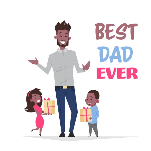 Feliz día del padre vacaciones familiares hija africana e hijo regalo regalo para papá concepto tarjeta de felicitación plana — Archivo Imágenes Vectoriales