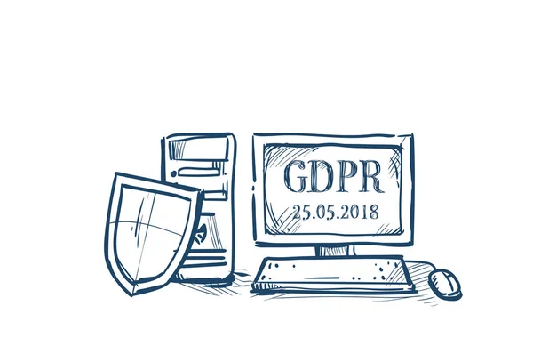 Tarcza bezpieczeństwa i ochrony danych osobowych na komputerze ogólne dane ochrony rozporządzenia Gdpr koncepcja ręki rysunek — Wektor stockowy