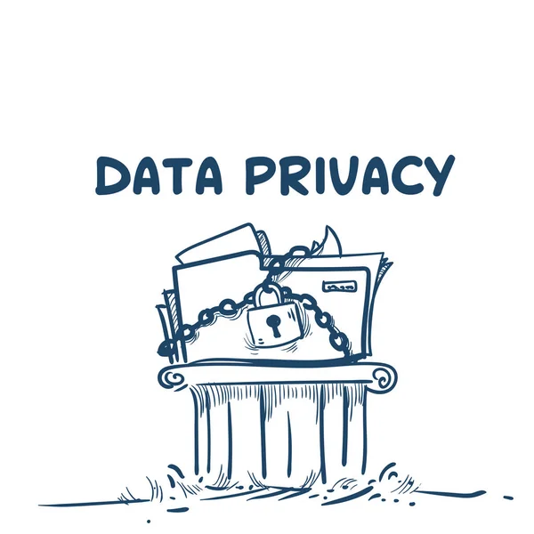 Tekening van de hand van de privacy van de gegevens op de keten pijler algemene Data Protection verordening Gdpr server secuirity bewaker — Stockvector