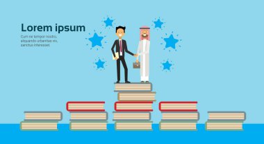 iş işadamı uygun titreyen eller Arapça adam geleneksel giysiler kitap yığını, tam uzunlukta iş anlaşması ve ortaklık kavramı